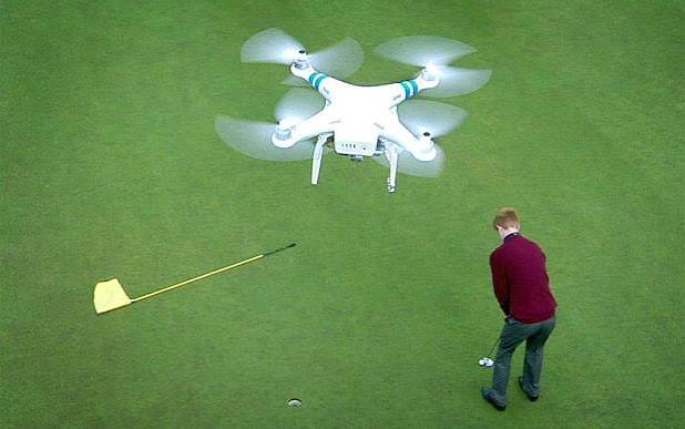 Drone capturing aerial video footage over a golf course