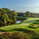Golf course green and fairway viewed across the course