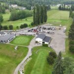 Golf course clubhouse and visitor parking area